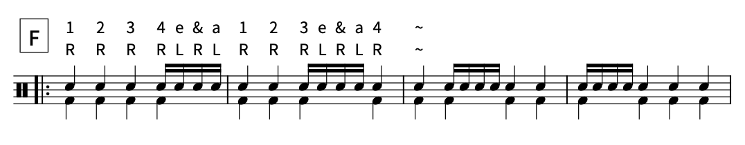 シングルストローク LESSON 3:4分の途中で16分を加える